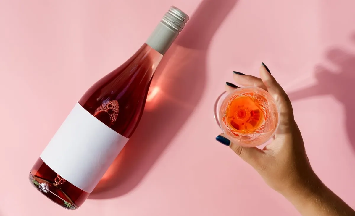 a hand holding a glass of wine and a bottle of wine