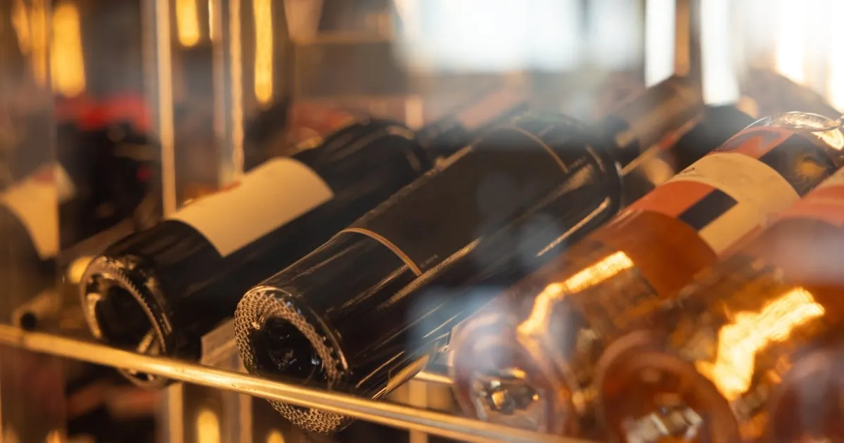 Bottles resting on a lit rack, foil capsules catching the light